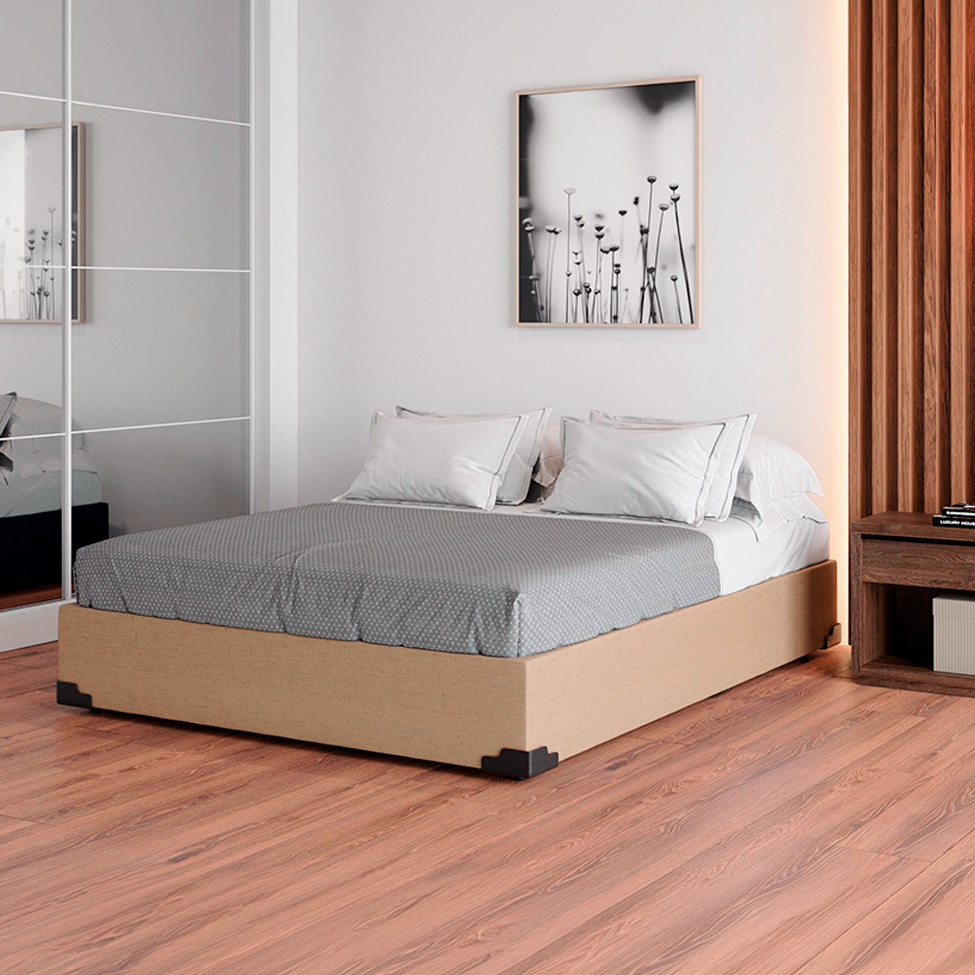 Cama Box Casal Joe Linho Bege com Colchão Guldi Massageador Quântico Molas Ensacadas (30x138x188) Branco e Bege