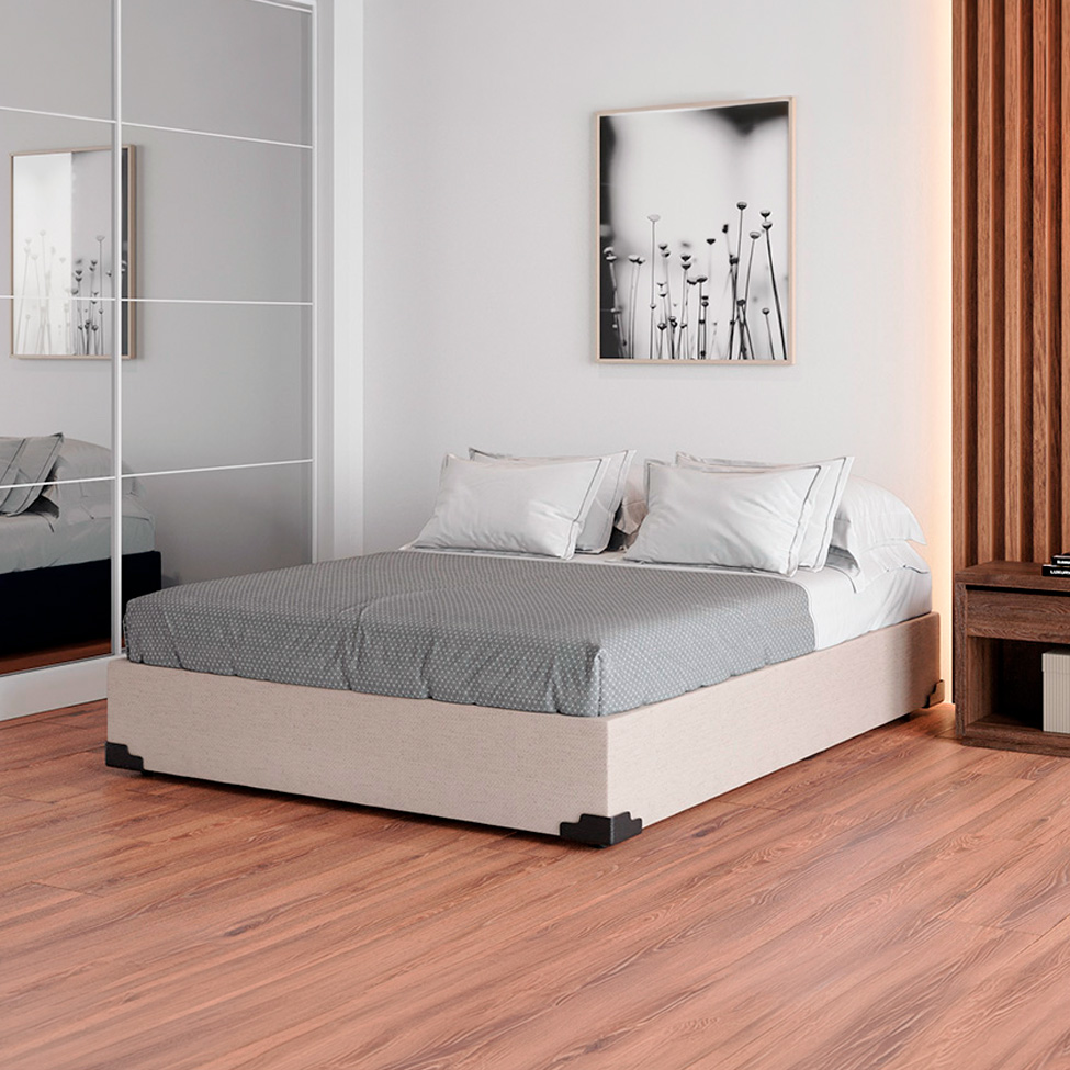 Cama Box Casal Joe Linho Cru Branco com Colchão Guldi Massageador Quântico Molas Ensacadas (30x138x188) Branco e Bege