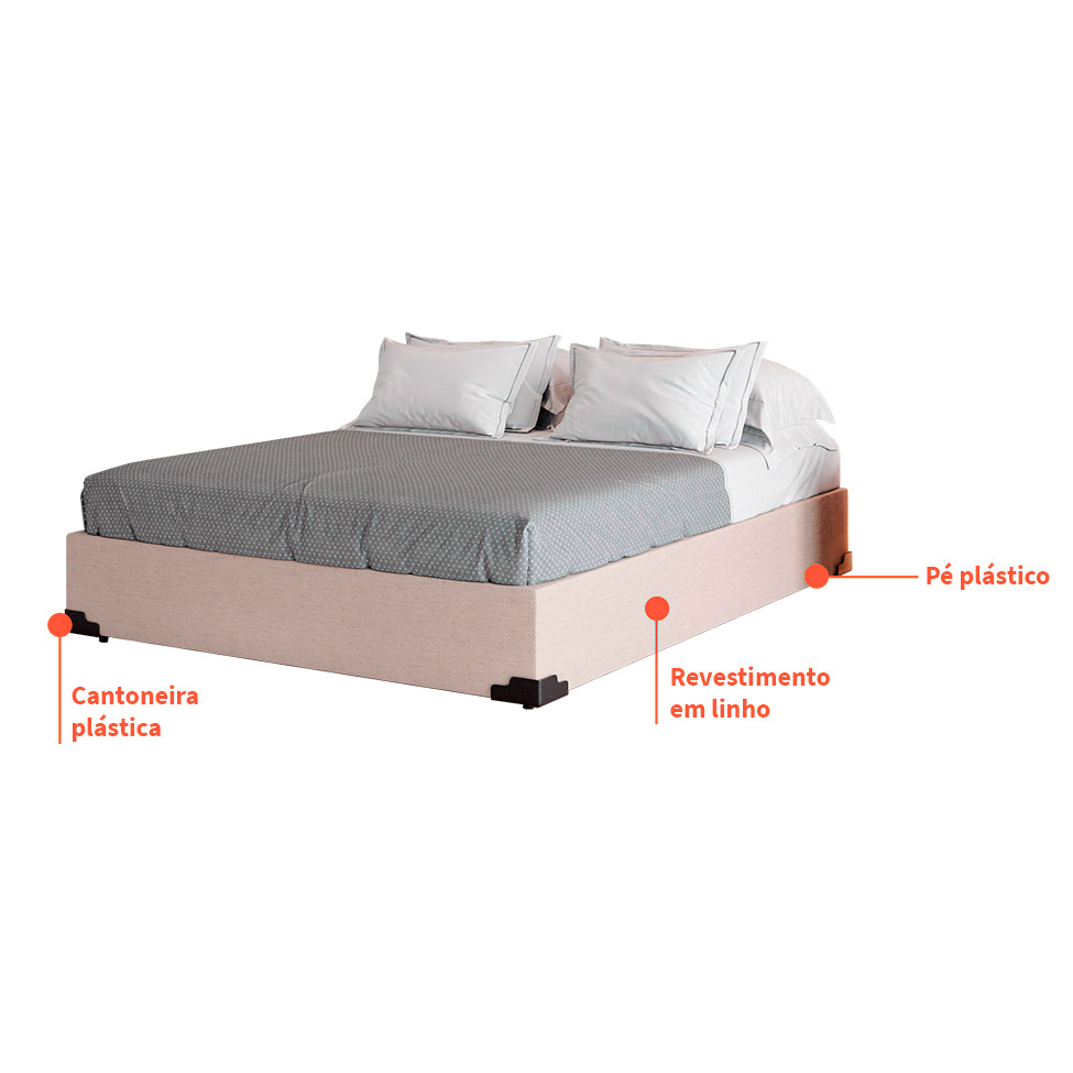 Cama Box Casal Joe Linho Cru Branco com Colchão Guldi Massageador Quântico Molas Ensacadas (30x138x188) Branco e Bege