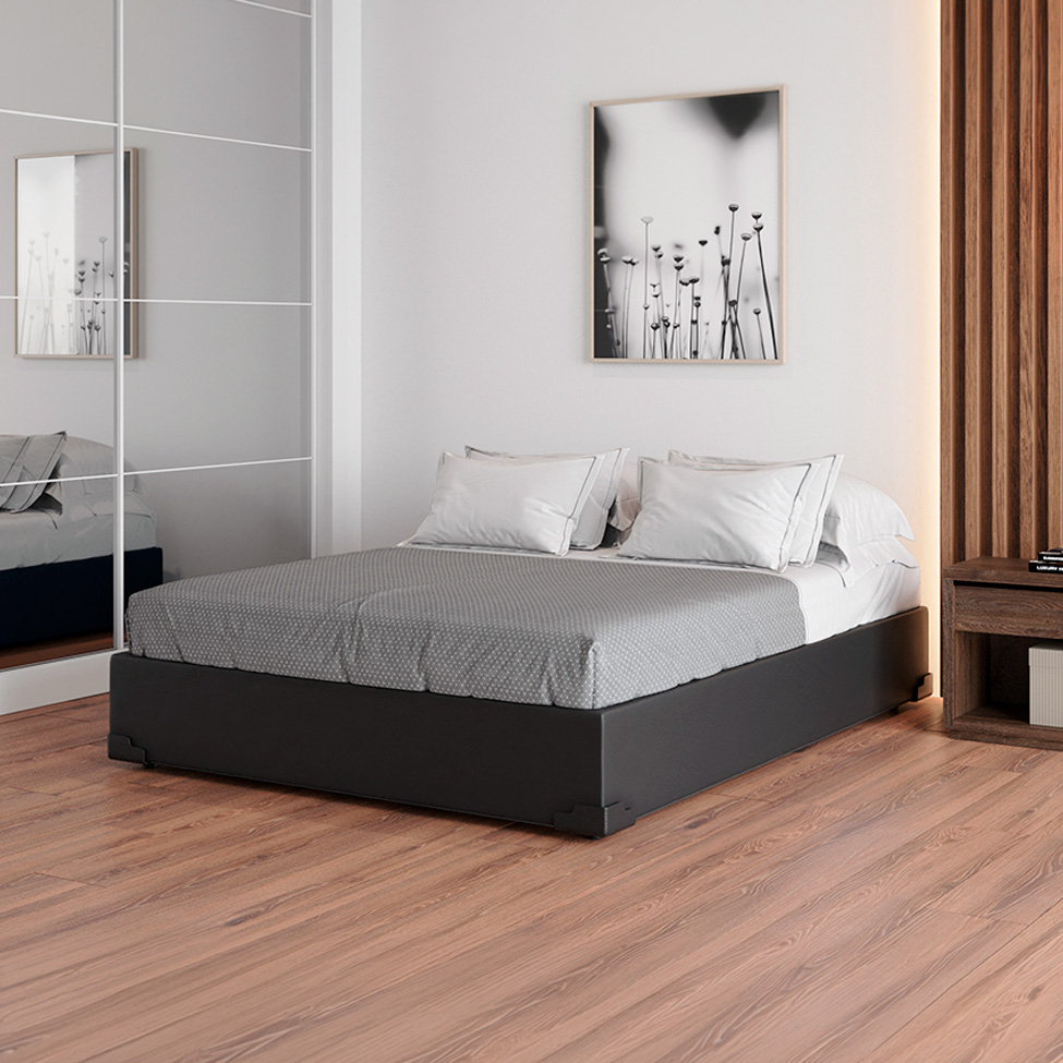 Cama Box Casal Joe Revestimento Sintético Preto com Colchão Guldi Mola Ensacada Original Firme (25x138x188) Azul e Branco