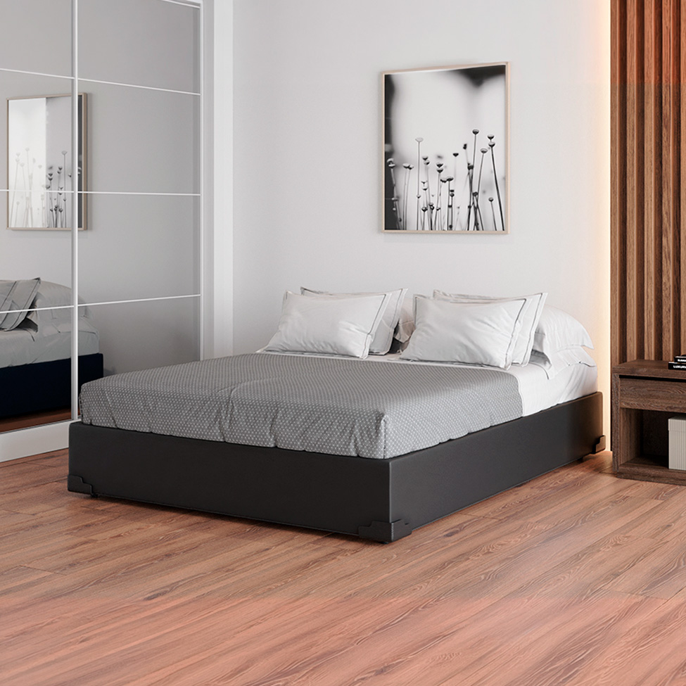 Cama Box Casal Joe Revestimento Sintético Preto com Colchão Guldi Mola Ensacada Original Macio (25x138x188) Azul e Branco