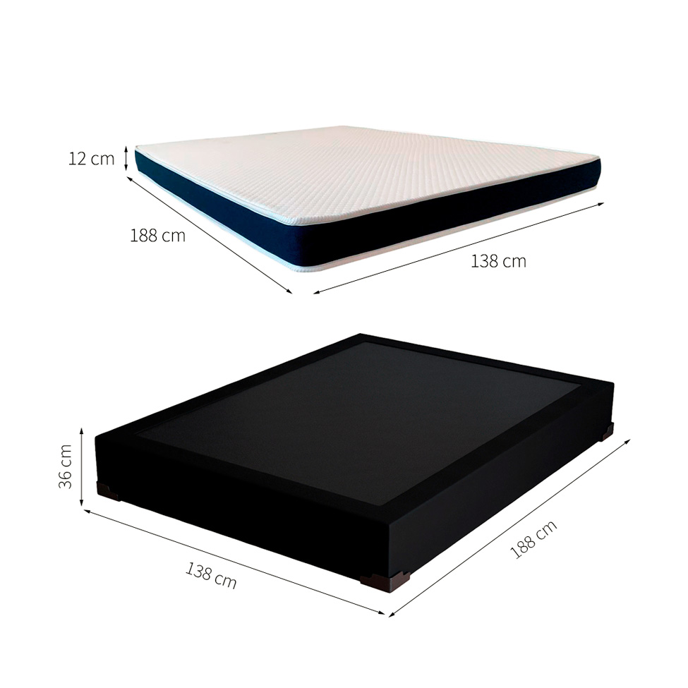 Cama Box Casal Joe Suede Preto com Colchão Guldi Espuma D28 Duplo 12cm (12x138x188) Azul e Branco