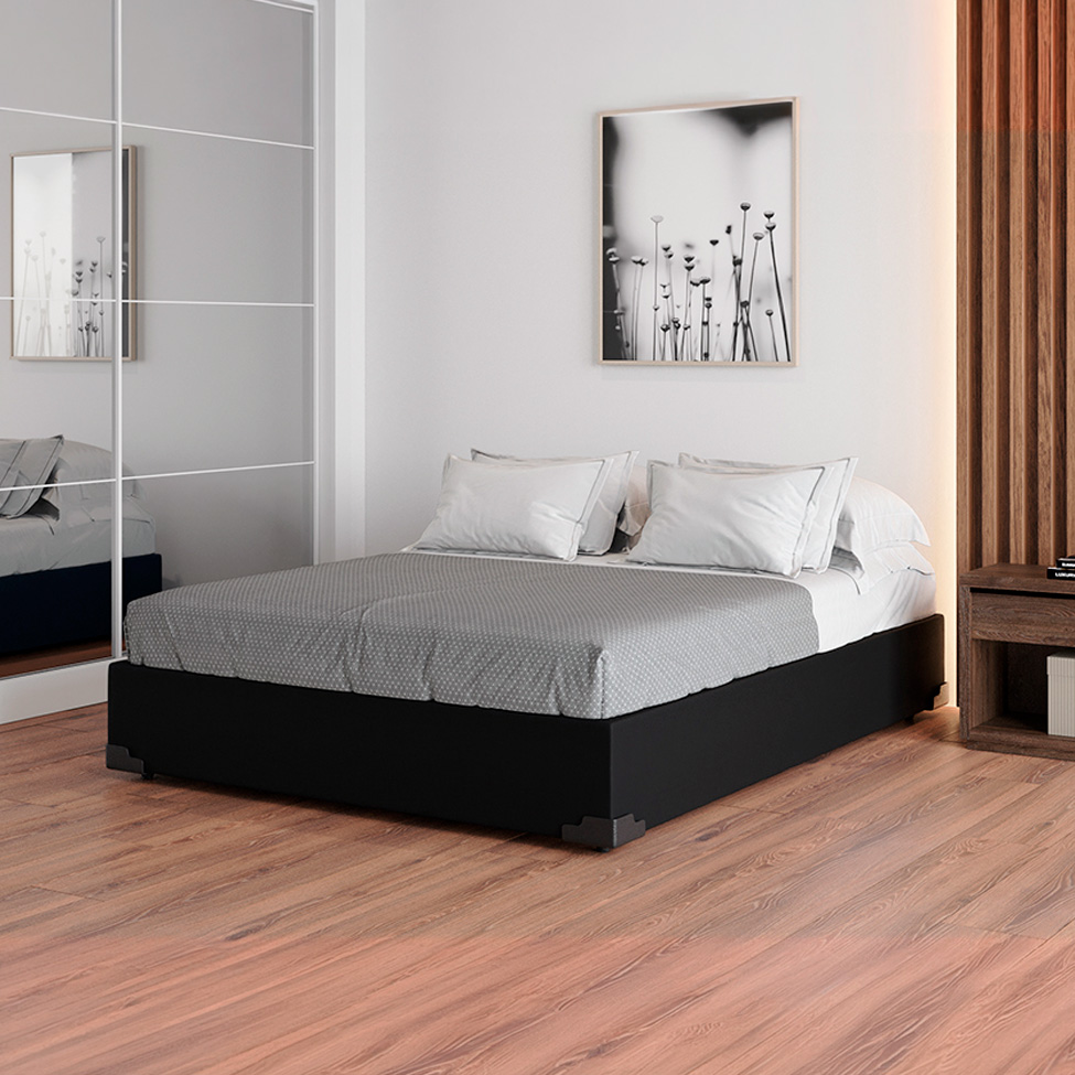 Cama Box Casal Joe Suede Preto com Colchão Guldi Mola Ensacada Original Macio (25x138x188) Azul e Branco