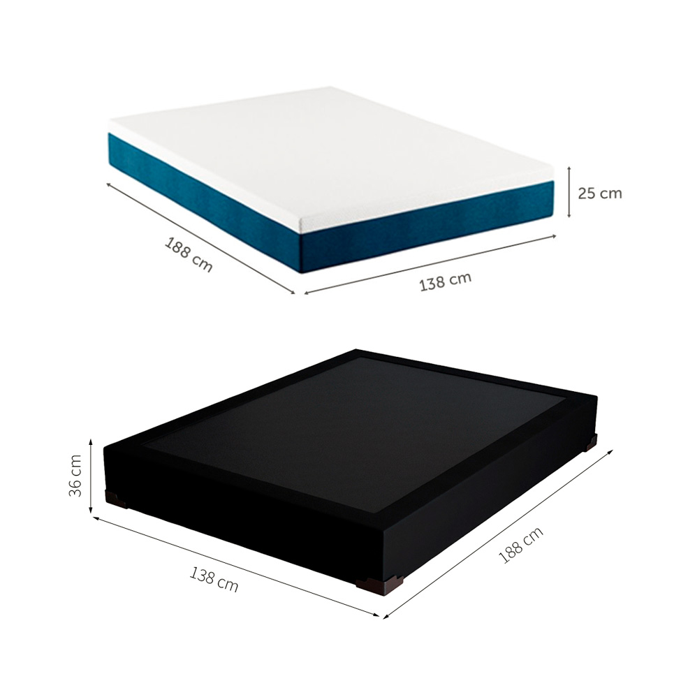 Cama Box Casal Joe Suede Preto com Colchão Guldi Mola Ensacada Original Macio (25x138x188) Azul e Branco