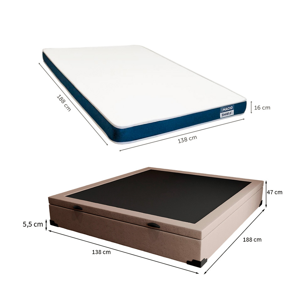 Cama Box Casal Martin Premium Linho Cru com Colchão Guldi Duplo Plus D28 (16x138x188) Branco e Azul