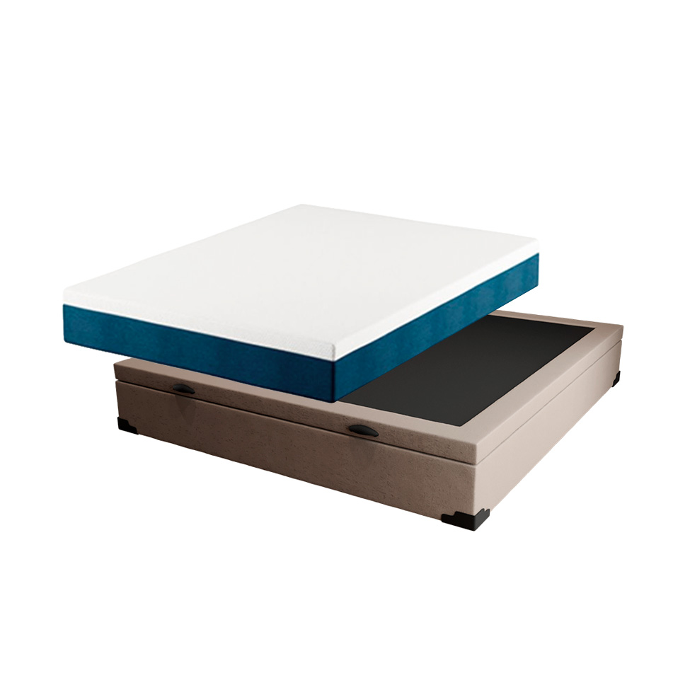 Cama Box Casal Martin Premium Linho Cru com Colchão Guldi Mola Ensacada Guldi Original Firme (25x138x188) Azul e Branco