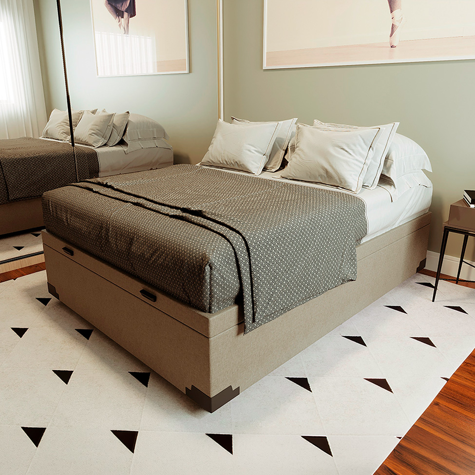 Cama Box Casal Martin Premium Linho Cru com Colchão Guldi Mola Ensacada Original Macio (25x138x188) Azul e Branco