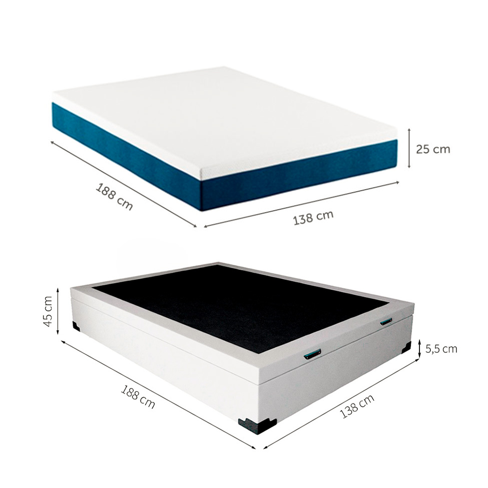 Cama Box Casal Martin Premium Revestimento Sintético Branco com Colchão Guldi Mola Ensacada Guldi Original Firme (25x138x188) Azul e Branco