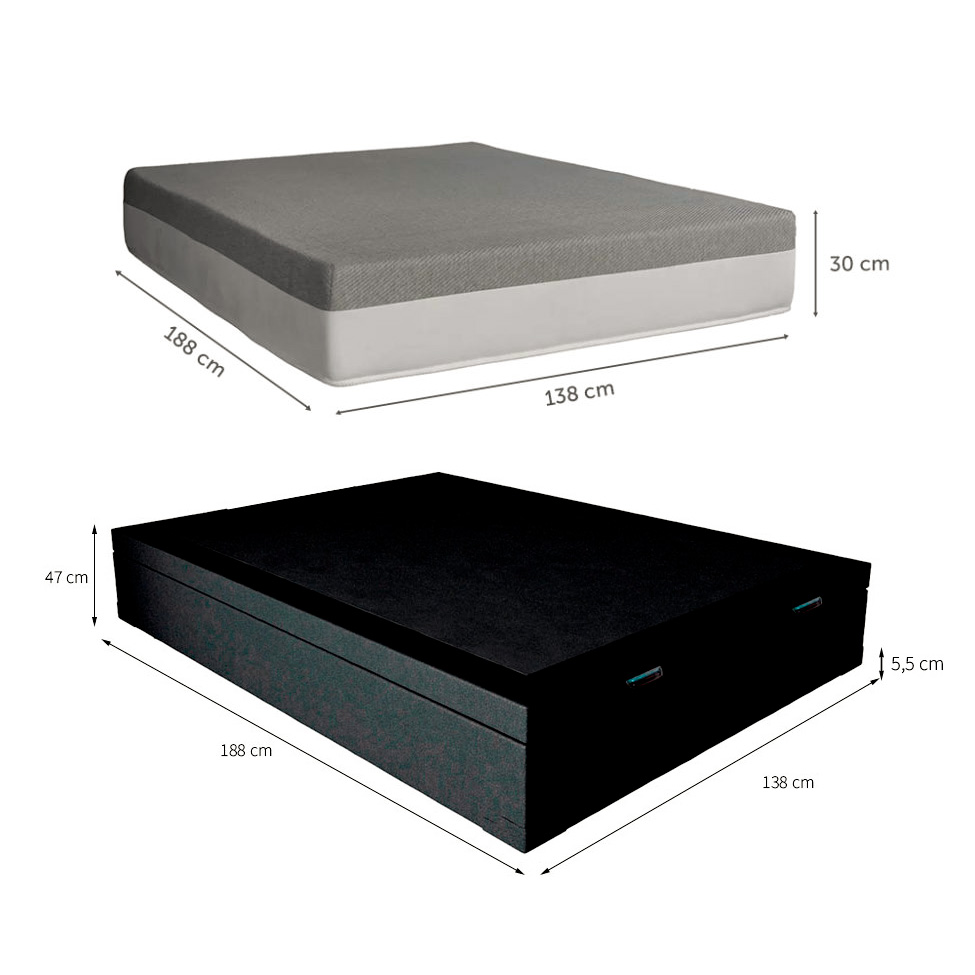 Cama Box Casal Martin Premium Revestimento Sintético Preto com Colchão Guldi Dream Mola Ensacada (30x138x188) Cinza e Branco