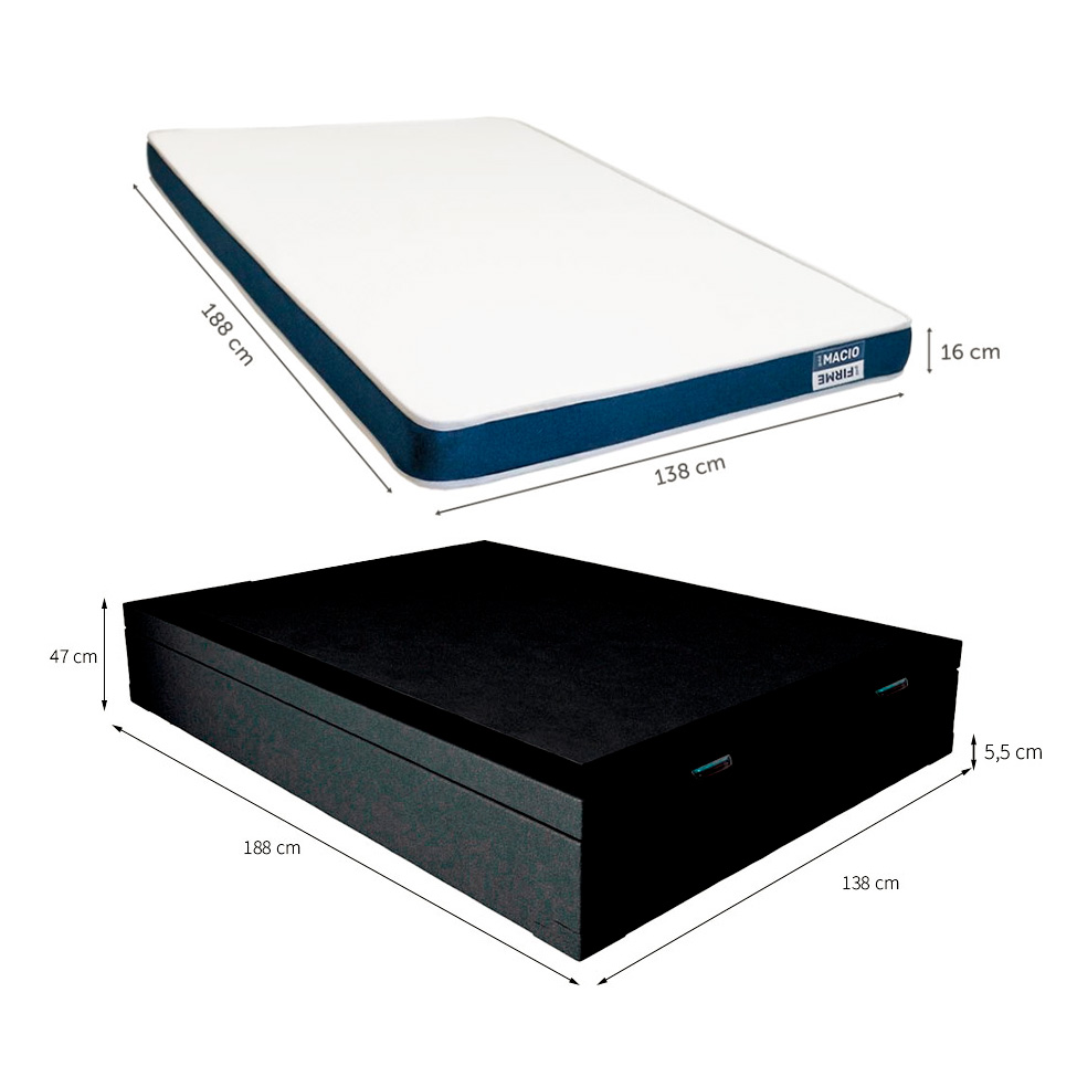 Cama Box Casal Martin Premium Revestimento Sintético Preto com Colchão Guldi Duplo Plus D28 (16x138x188) Branco e Azul
