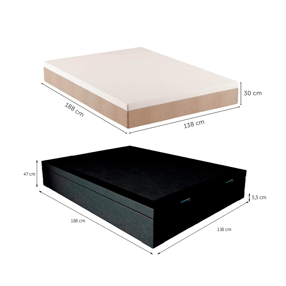 Cama Box Casal Martin Premium Revestimento Sintético Preto com Colchão Guldi Massageador Quântico Molas Ensacadas (30x138x188) Branco e Bege