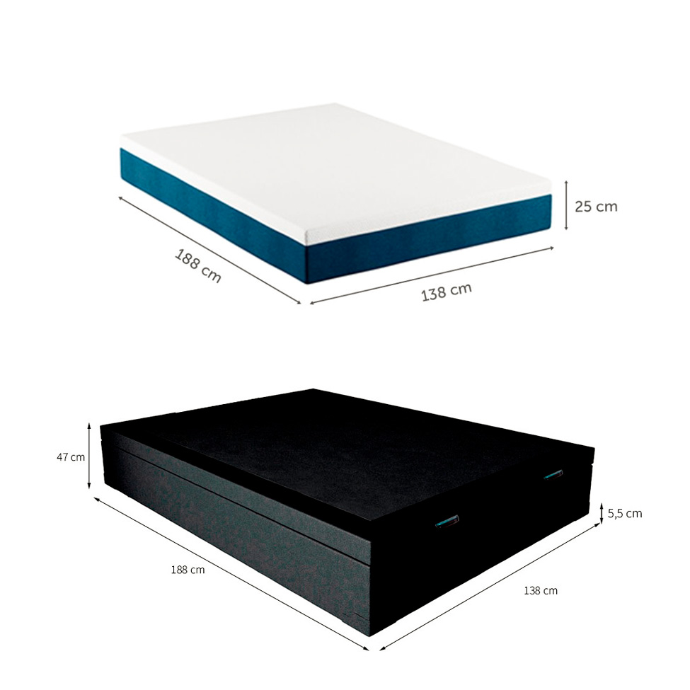 Cama Box Casal Martin Premium Revestimento Sintético Preto com Colchão Guldi Mola Ensacada Original Firme (25x138x188) Azul e Branco