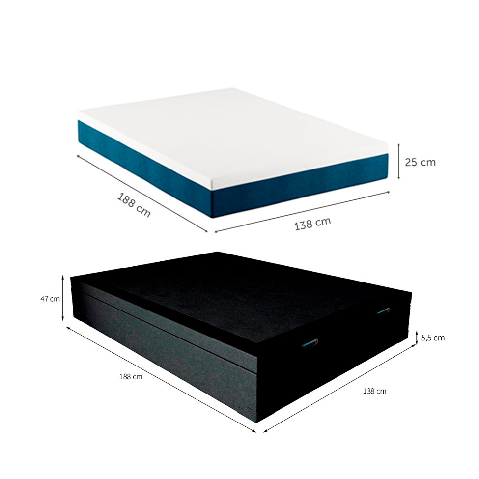 Cama Box Casal Martin Premium Revestimento Sintético Preto com Colchão Guldi Mola Ensacada Original Macio (25x138x188) Azul e Branco