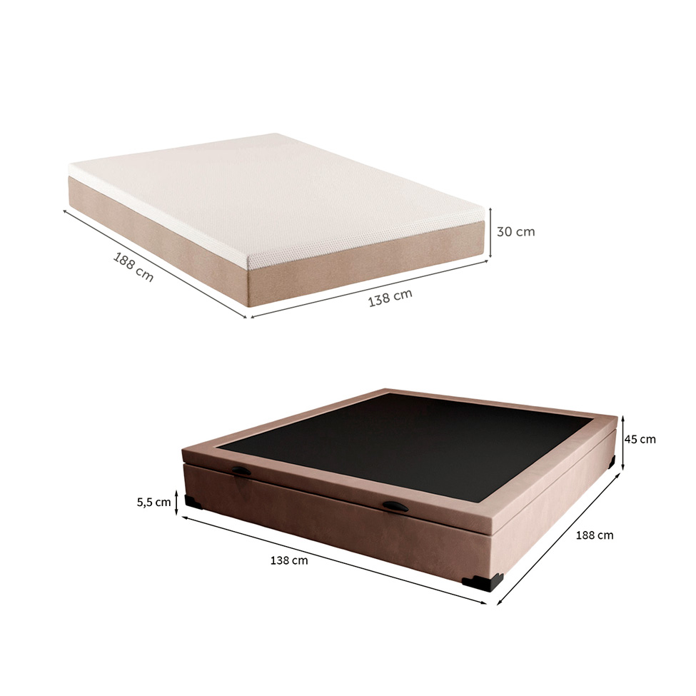 Cama Box Casal Martin Premium Suede Bege com Colchão Guldi Massageador Quântico Molas Ensacadas (30x138x188) Branco e Bege