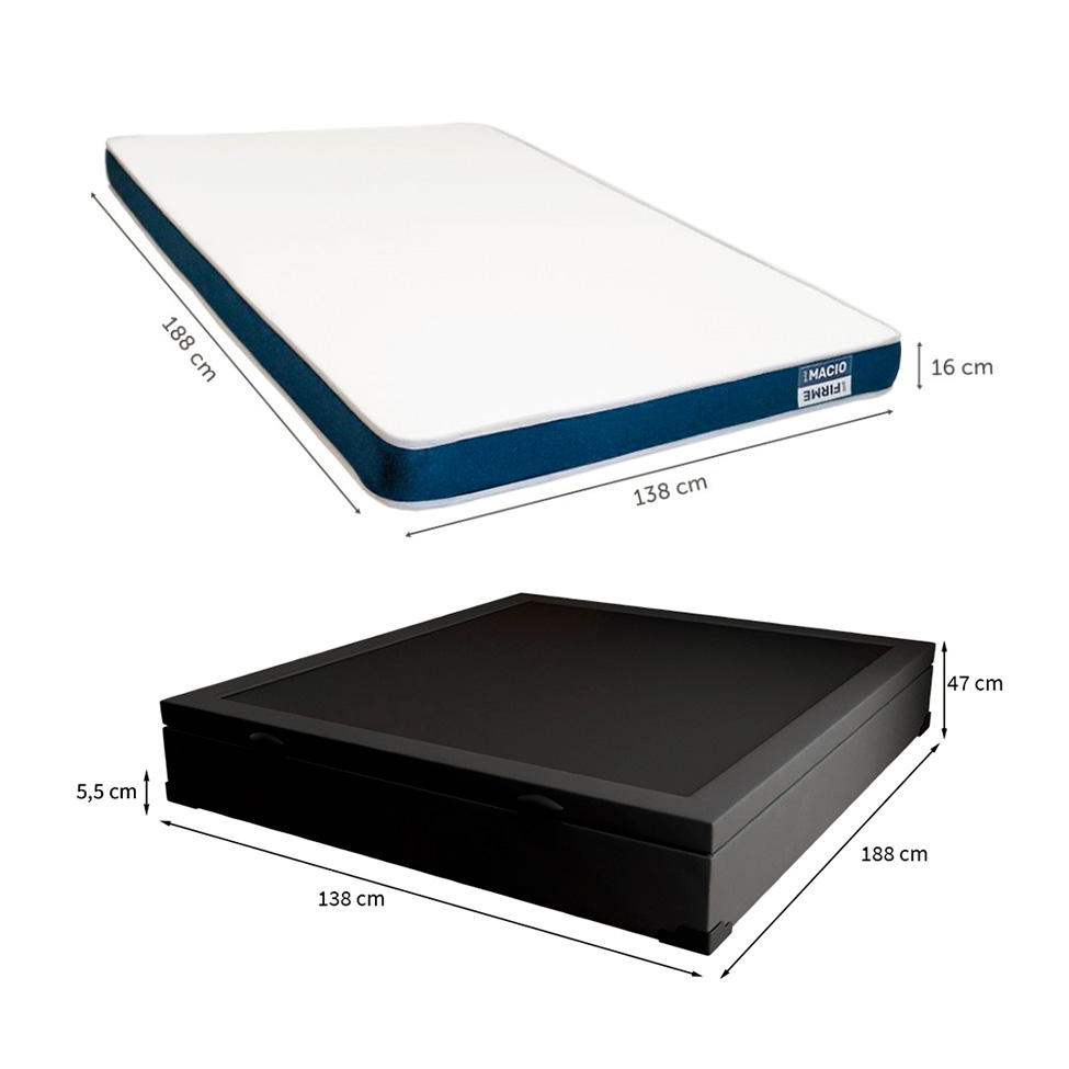 Cama Box Casal Martin Premium Suede Preto com Colchão Guldi Duplo Plus D28 (16x138x188) Branco e Azul