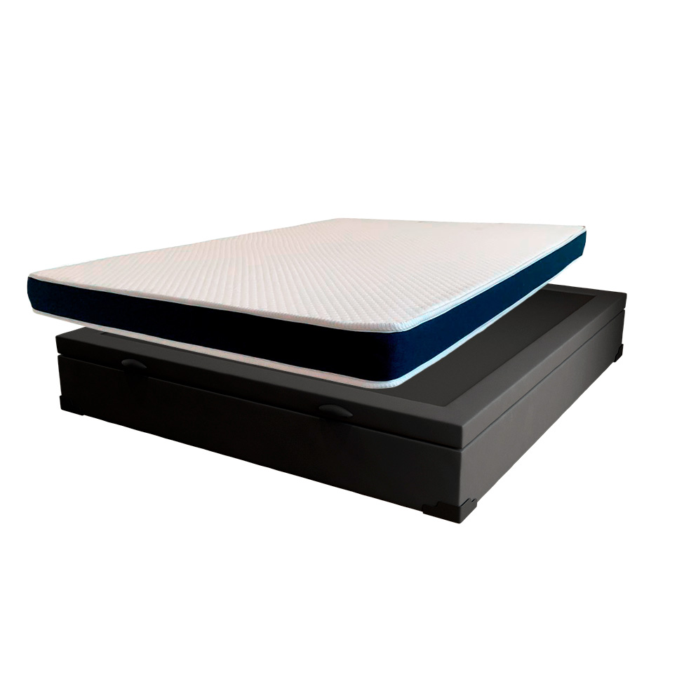 Cama Box Casal Martin Premium Suede Preto com Colchão Guldi Espuma D28 Duplo 12cm (12x138x188) Azul e Branco