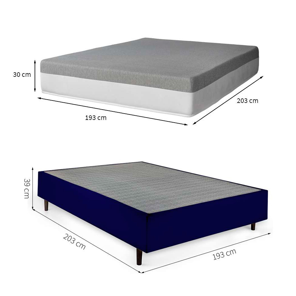 Cama Box King Azul com Colchão Guldi Dream Mola Ensacada (30x193x203) Cinza e Branco