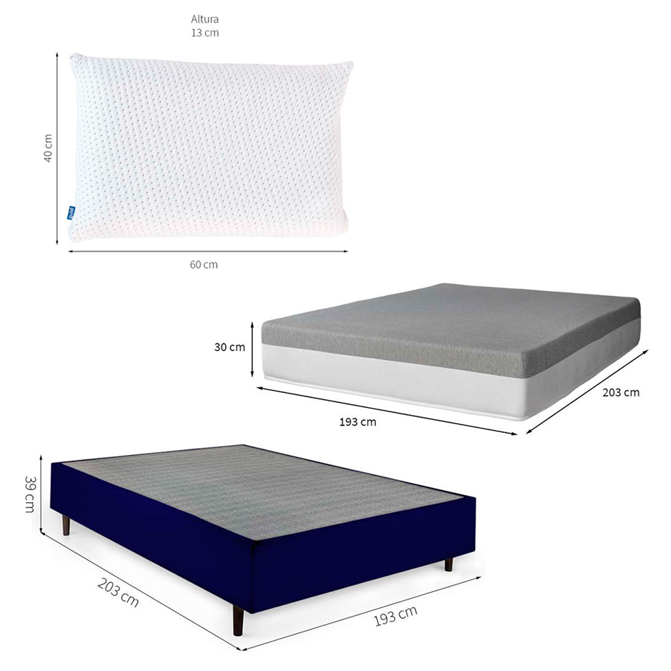 Cama Box King Azul com Colchão Guldi Dream Mola Ensacada (30x193x203) e 2 Travesseiros Guldi Soft Nasa Cinza e Branco