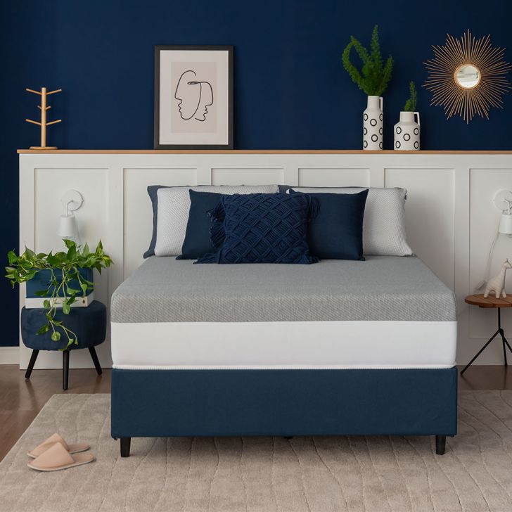 Cama Box King Com Guarda Objetos Azul com Colchão Guldi Dream Mola Ensacada (30x193x203) e 2 Travesseiros Guldi Dream Branco e Azul