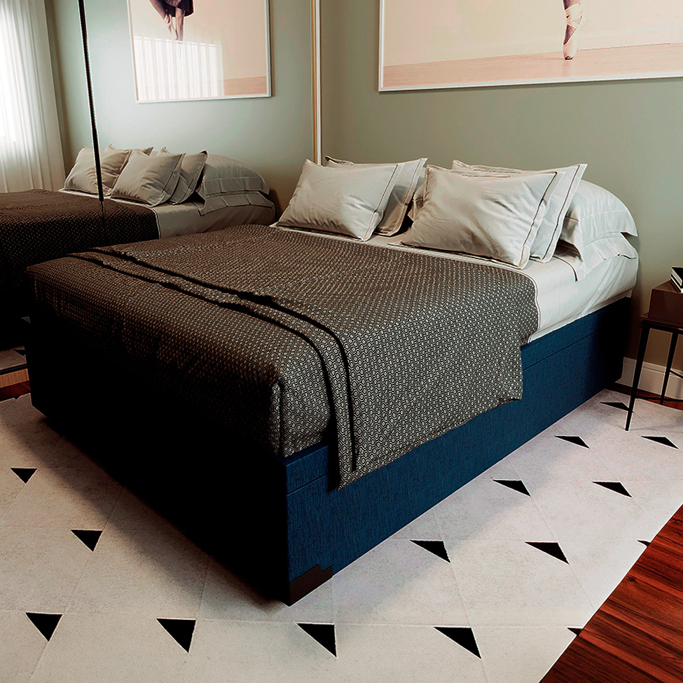 Cama Box King Martin Linho Azul Marinho com Colchão Guldi Mola Ensacada Original Macio (25x193x203) Azul e Branco