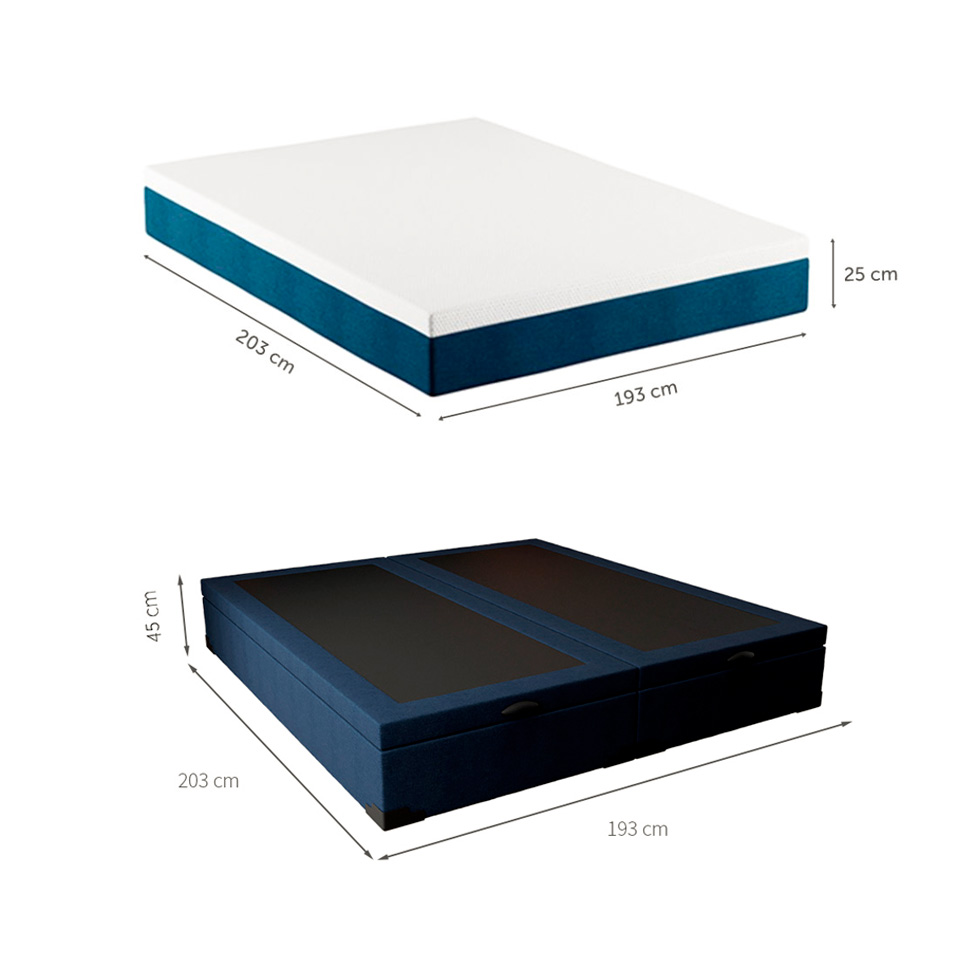 Cama Box King Martin Linho Azul Marinho com Colchão Guldi Mola Ensacada Original Macio (25x193x203) Azul e Branco
