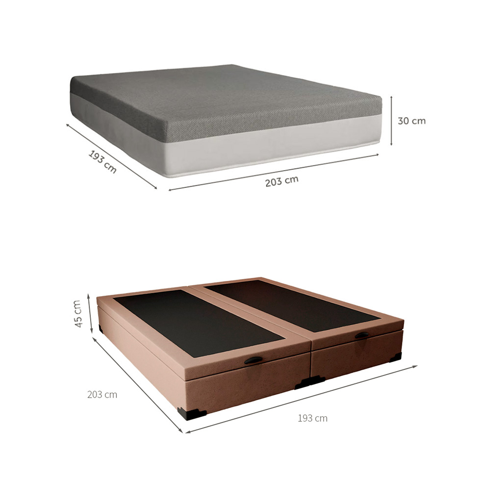 Cama Box King Martin Linho Bege com Colchão Guldi Dream Mola Ensacada (30x193x203) Cinza e Branco