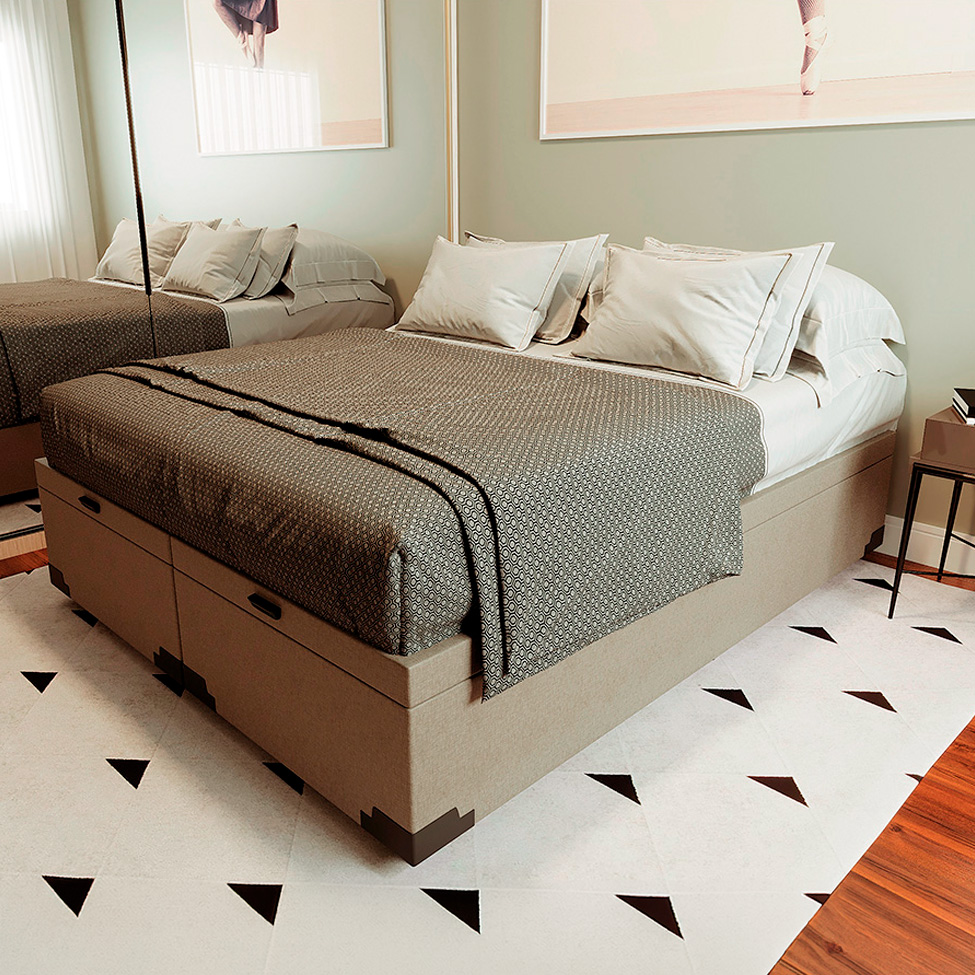 Cama Box King Martin Linho Cru com Colchão Guldi Duplo Plus D28 (16x193x203) Branco e Azul