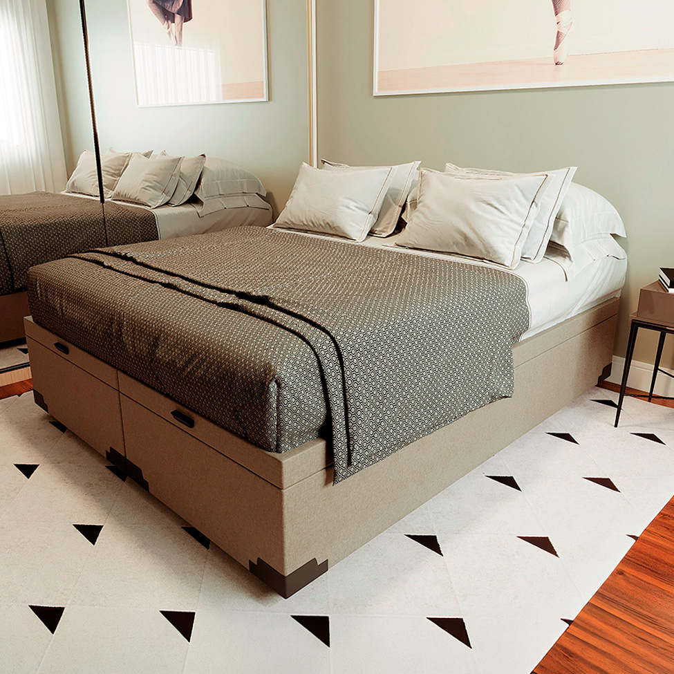 Cama Box King Martin Linho Cru com Colchão Guldi Massageador Quântico Molas Ensacadas (30x193x203) Branco e Bege
