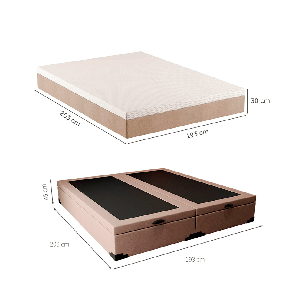 Cama Box King Martin Linho Cru com Colchão Guldi Massageador Quântico Molas Ensacadas (30x193x203) Branco e Bege