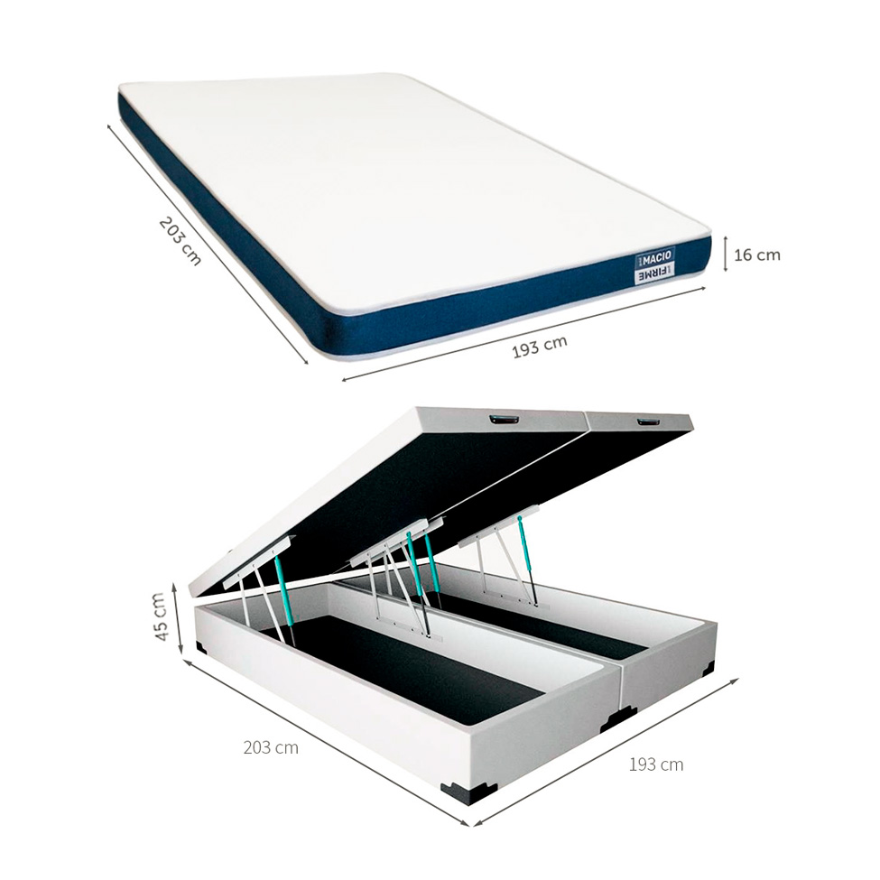 Cama Box King Martin Revestimento Sintético Branco com Colchão Guldi Duplo Plus D28 (16x193x203) Branco e Azul