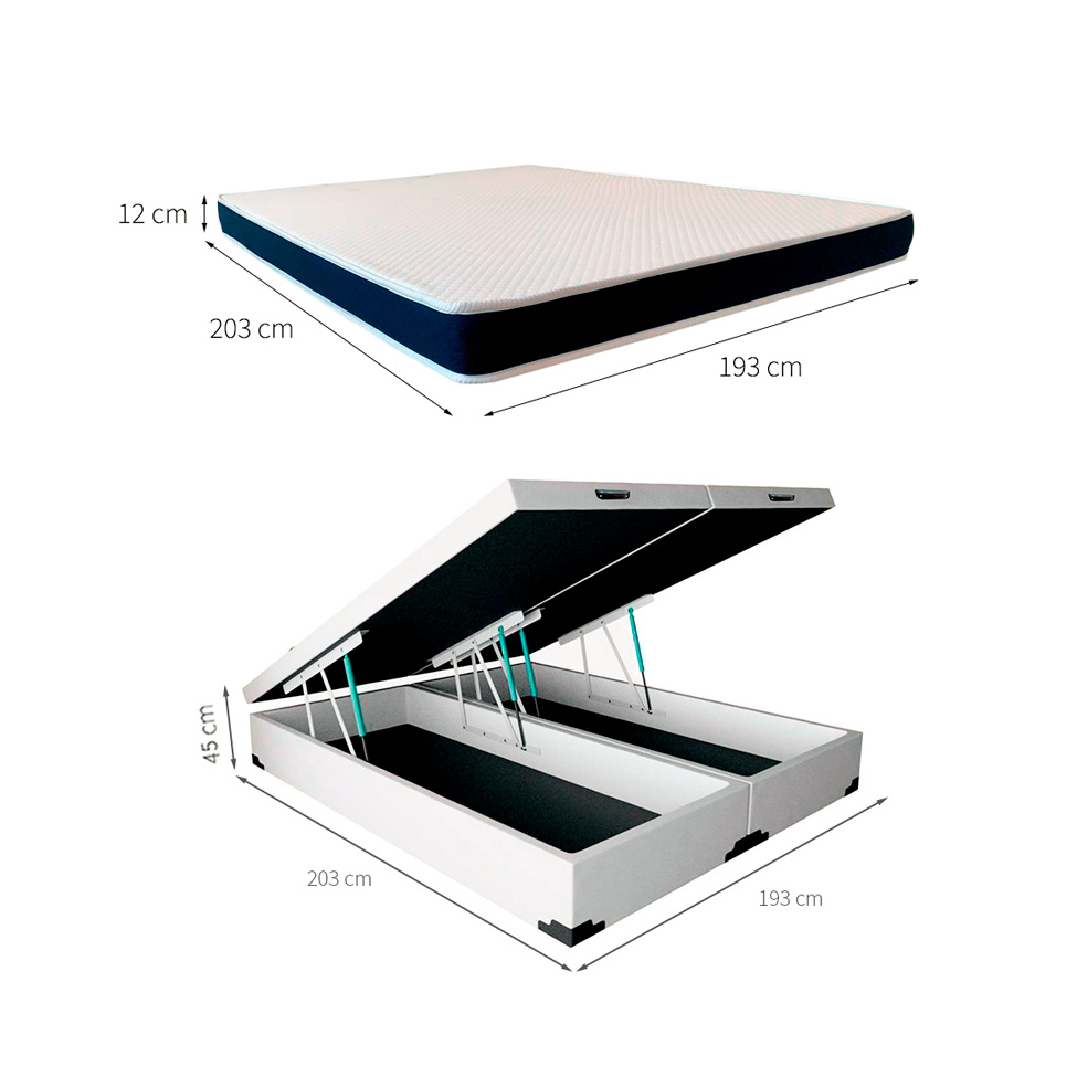 Cama Box King Martin Revestimento Sintético Branco com Colchão Guldi Espuma D28 Duplo 12cm (12x193x203) Azul e Branco