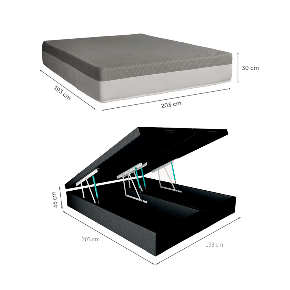 Cama Box King Martin Revestimento Sintético Preto com Colchão Guldi Dream Mola Ensacada (30x193x203) Cinza e Branco