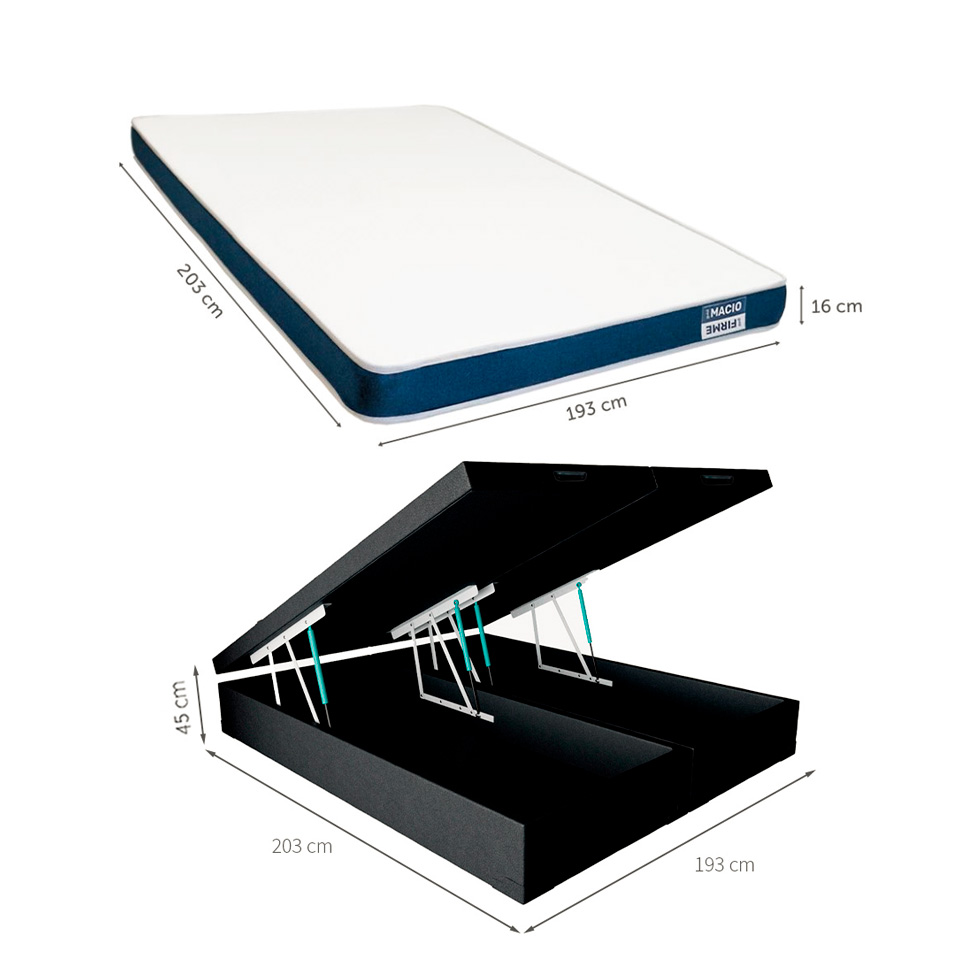 Cama Box King Martin Revestimento Sintético Preto com Colchão Guldi Duplo Plus D28 (16x193x203) Branco e Azul