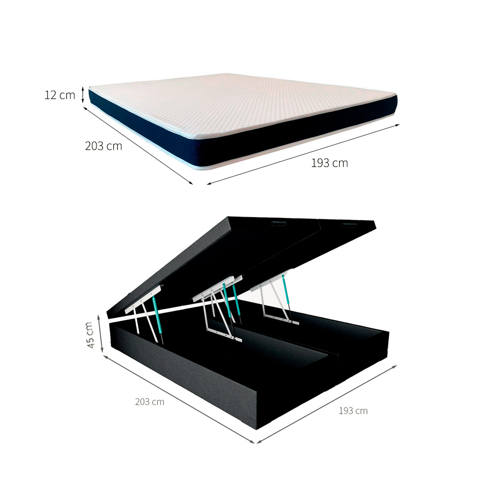 Cama Box King Martin Revestimento Sintético Preto com Colchão Guldi Espuma D28 Duplo 12cm (12x193x203) Azul e Branco