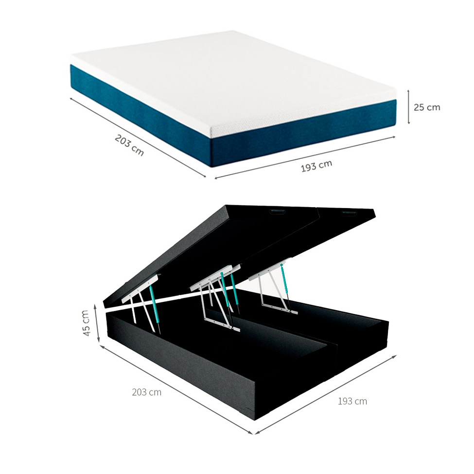 Cama Box King Martin Revestimento Sintético Preto com Colchão Guldi Mola Ensacada Original Firme (25x193x203) Azul e Branco