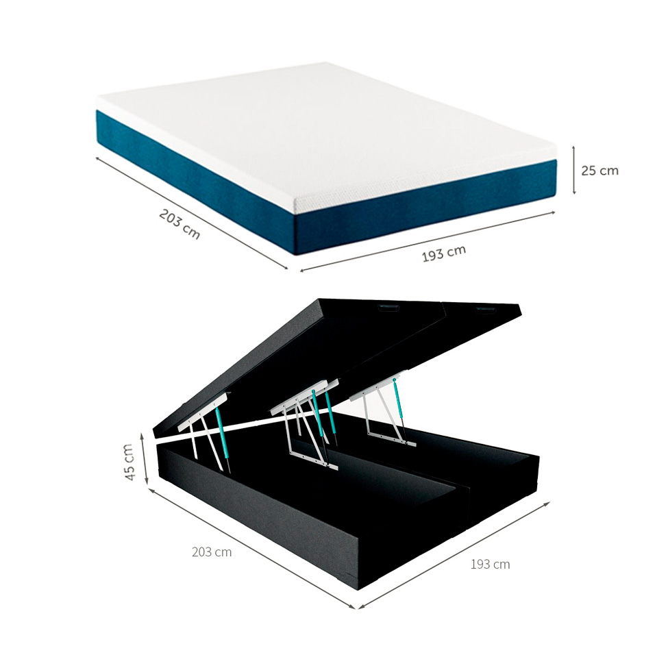 Cama Box King Martin Revestimento Sintético Preto com Colchão Guldi Mola Ensacada Original Macio (25x193x203) Azul e Branco