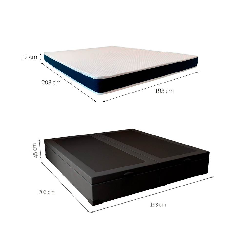 Cama Box King Martin Suede Preto com Colchão Guldi Espuma D28 Duplo 12cm (12x193x203) Azul e Branco