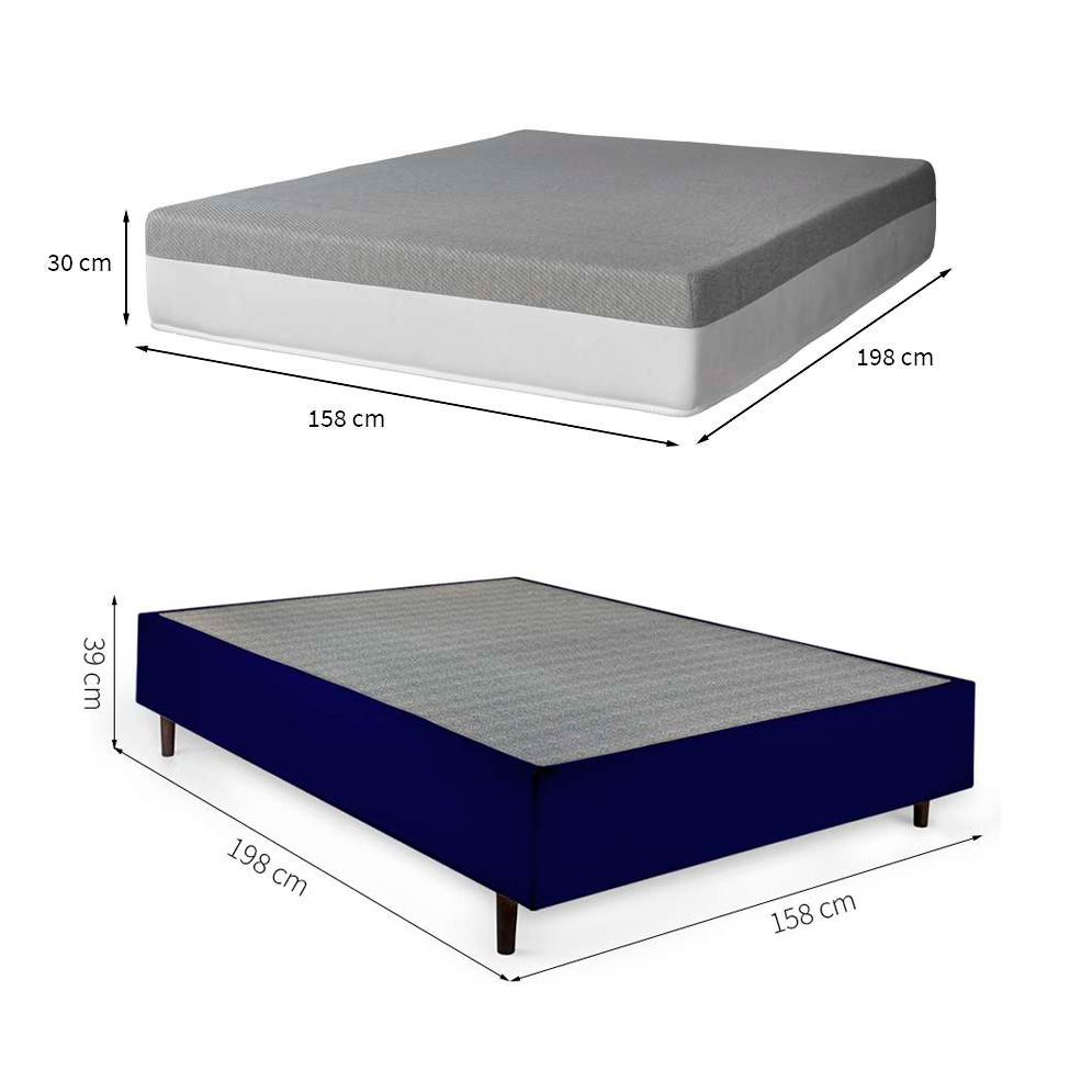 Cama Box Queen Azul com Colchão Guldi Dream Mola Ensacada (30x158x198) Cinza e Branco