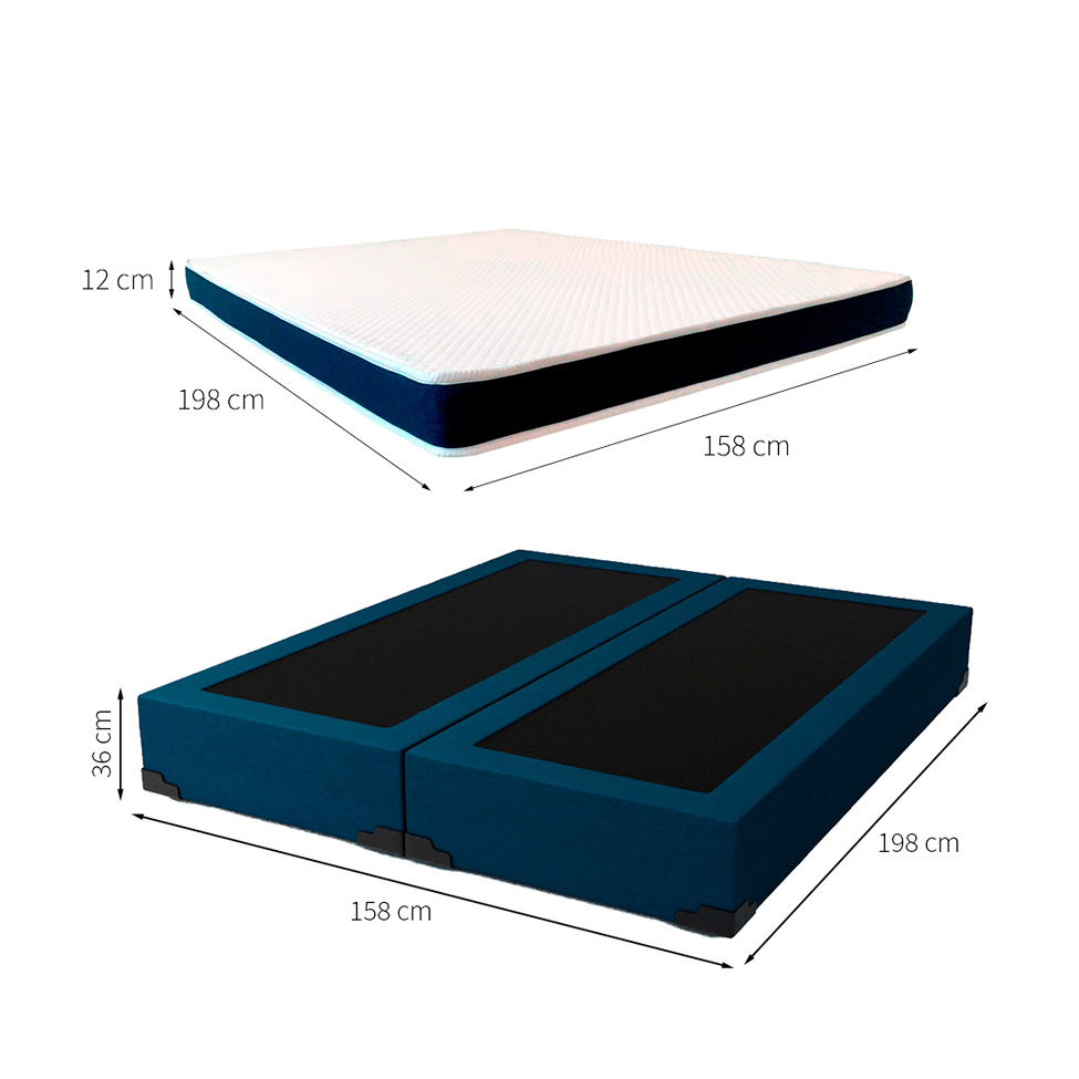 Cama Box Queen Joe Linho Azul Marinho com Colchão Guldi Espuma D28 Duplo 12cm (12x158x198) Azul e Branco