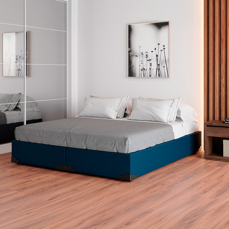 Cama Box Queen Joe Linho Azul Marinho com Colchão Guldi Massageador Quântico Molas Ensacadas (30x158x198) Branco e Bege