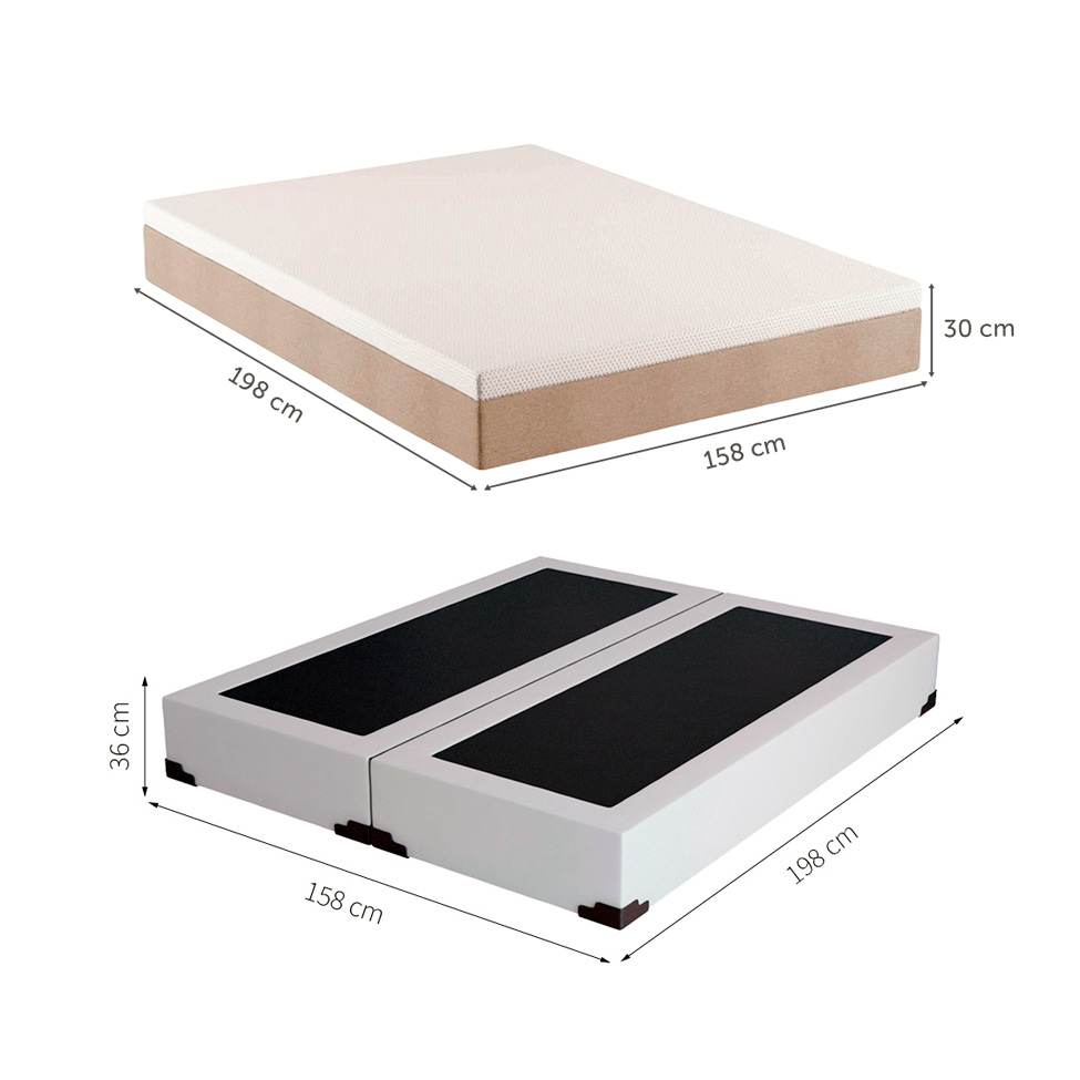 Cama Box Queen Joe Revestimento Sintético Branco com Colchão Guldi Massageador Quântico Molas Ensacadas (30x158x198) Branco e Bege