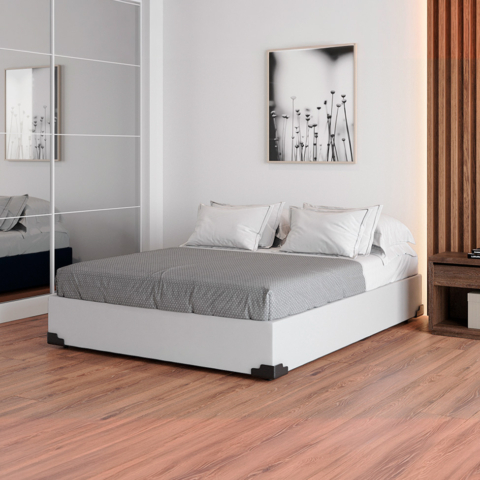 Cama Box Queen Joe Revestimento Sintético Branco com Colchão Guldi Mola Ensacada Original Macio (25x138x188) Azul e Branco