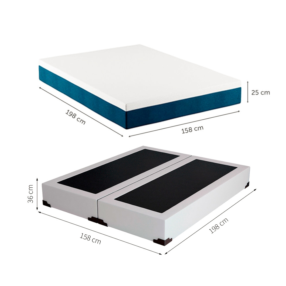 Cama Box Queen Joe Revestimento Sintético Branco com Colchão Guldi Mola Ensacada Original Macio (25x158x198) Azul e Branco
