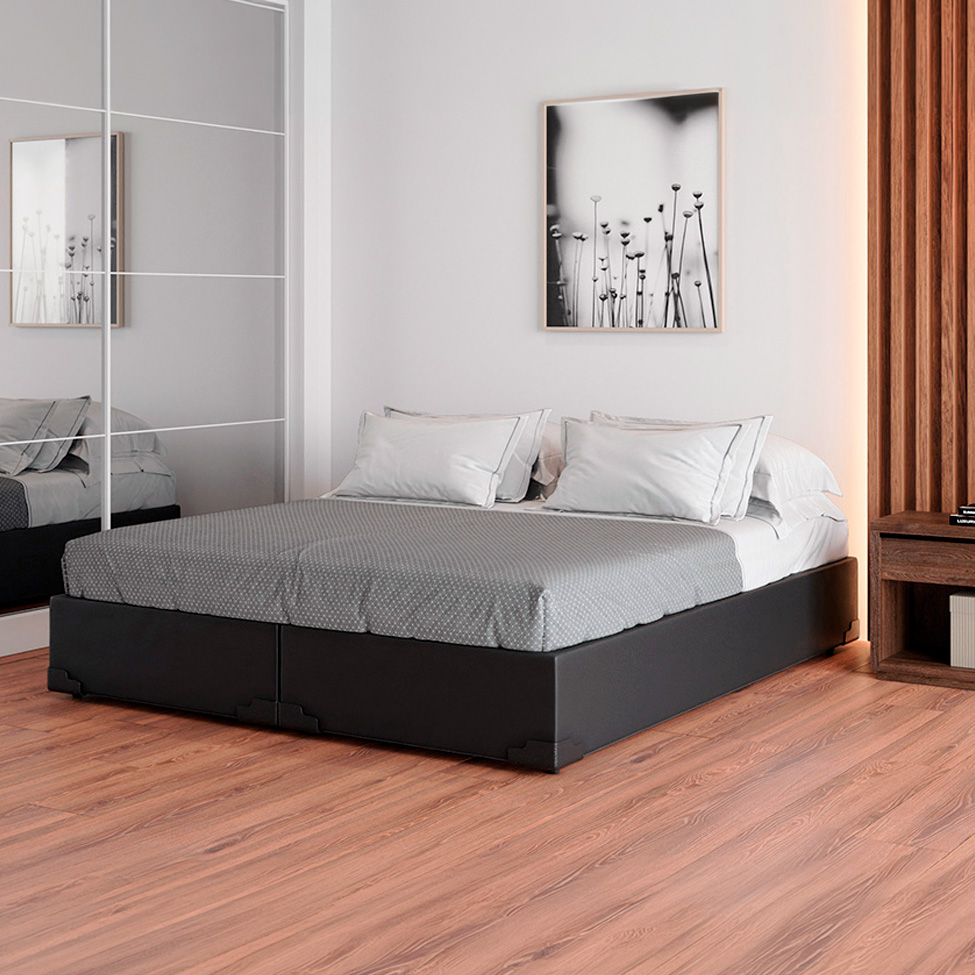 Cama Box Queen Joe Revestimento Sintético Preto com Colchão Guldi Massageador Quântico Molas Ensacadas (30x158x198) Branco e Bege