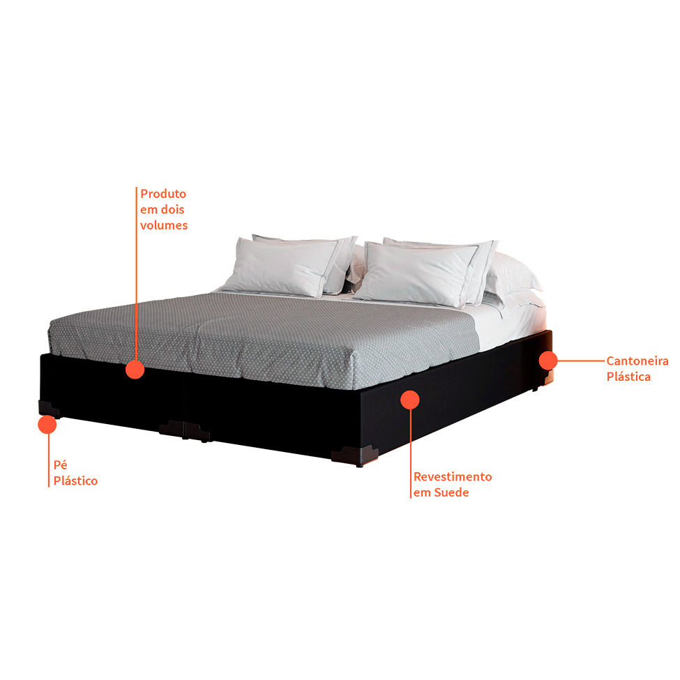 Cama Box Queen Joe Suede Preto com Colchão Guldi Espuma D28 Duplo 12cm (12x158x198) Azul e Branco