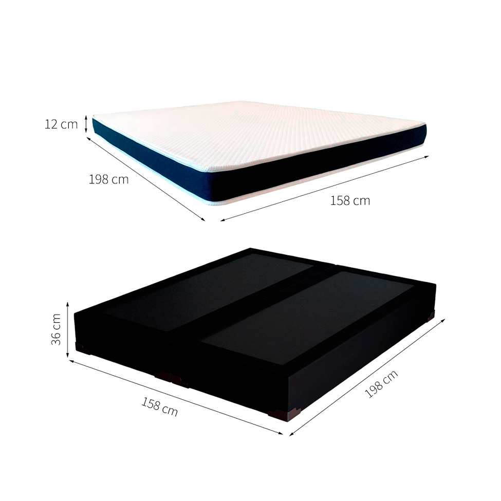 Cama Box Queen Joe Suede Preto com Colchão Guldi Espuma D28 Duplo 12cm (12x158x198) Azul e Branco