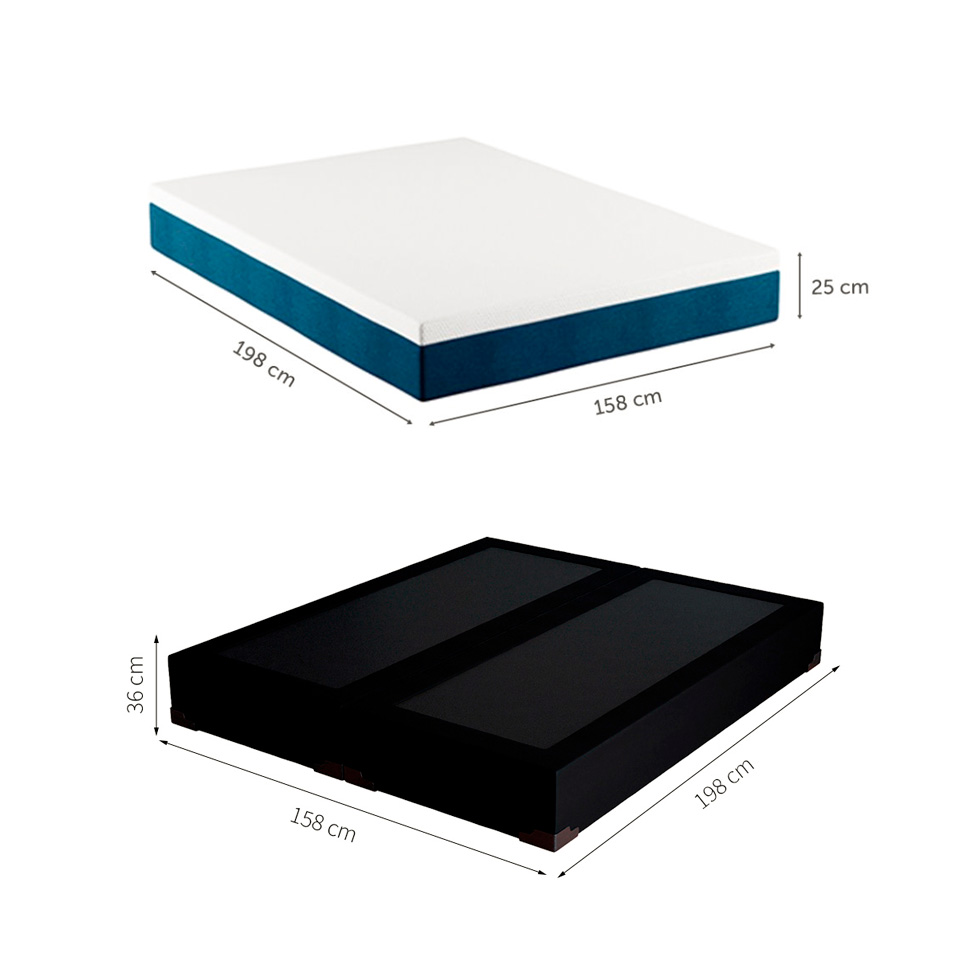 Cama Box Queen Joe Suede Preto com Colchão Guldi Mola Ensacada Original Firme (25x158x198) Azul e Branco