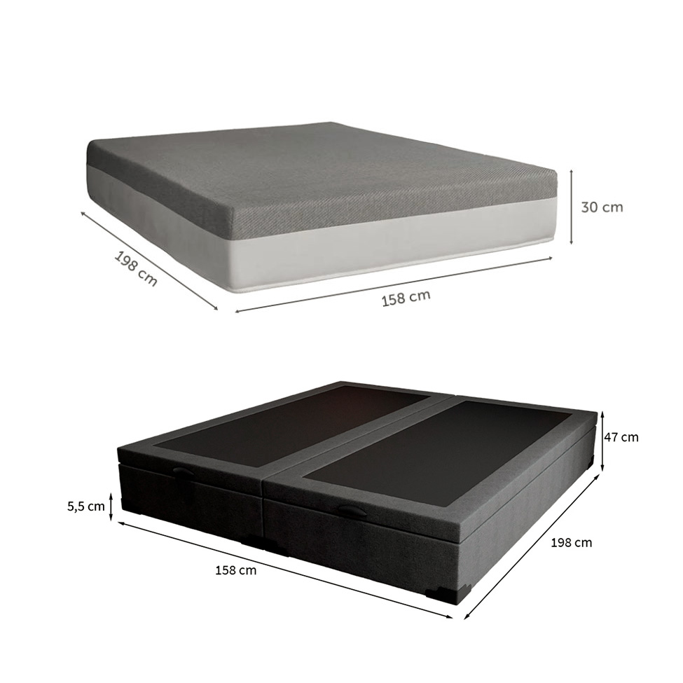 Cama Box Queen Martin Premium Linho Grafite com Colchão Guldi Dream Mola Ensacada (30x158x198) Cinza e Branco