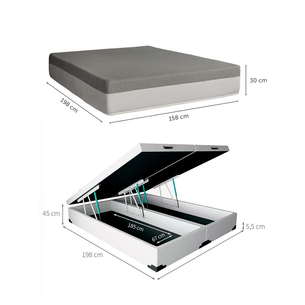 Cama Box Queen Martin Premium Revestimento Sintético Branco com Colchão Guldi Dream Mola Ensacada (30x158x198) Cinza e Branco