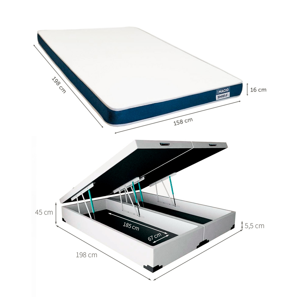 Cama Box Queen Martin Premium Revestimento Sintético Branco com Colchão Guldi Duplo Plus D28 (16x158x198) Branco e Azul